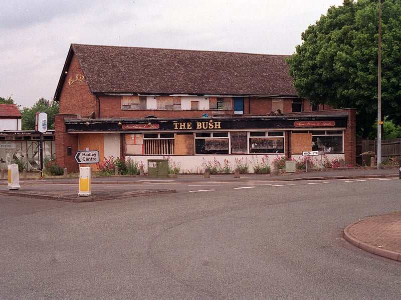 Empty, derelict, and unsightly, the Bush at Hadley awaits demolition. Opened in 1962, it was actually a replacement for a much older Bush pub built on a slightly different site closer to the road. The picture was taken on June 4, 2003.