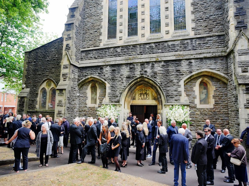 Mourners arriving for the funeral of Bonnie Tyler at Swansea Minster. 