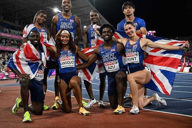 The gold medal-winning Team GB men's and women's 4x100m teams.
