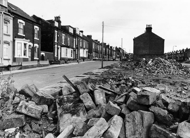 A rubble-strewn street in the heart of Leeds, amid slum housing clearances in March 1968