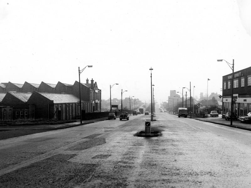 This photo shows view of Stanningley Road. Looking east along the road towards Town End. Pictured in December 1968.