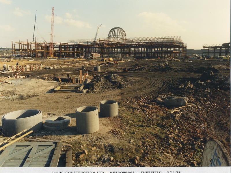 The construction of Meadowhall Shopping Centre showing the iconic dome