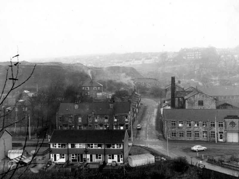 An elevated view of the junction of Pudsey Road, Wood Lane and Hough Tree Road. On the right is Boyes and Hallawell Ltd. woollen manufacturers in Hough End Mills. Pictured in December 1968.