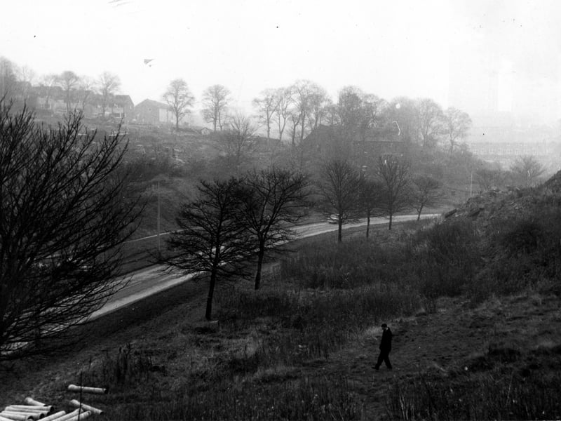 Looking north east across Bramley Ring Road towards Spring Valley area. Pictured in December 1968.