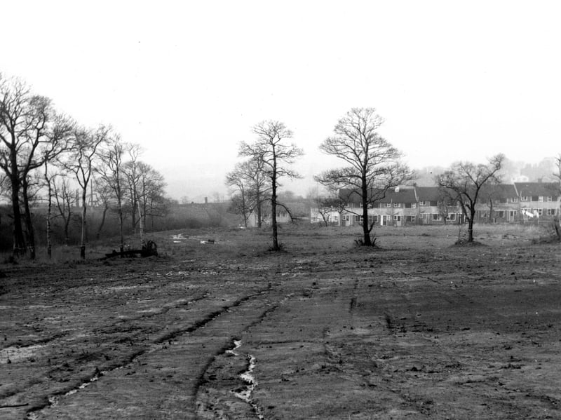 Looking south west across wasteland at Somerdale Close, off Billingbauk Drive, in December 1968. The photo shows a row of terraced houses in the background.