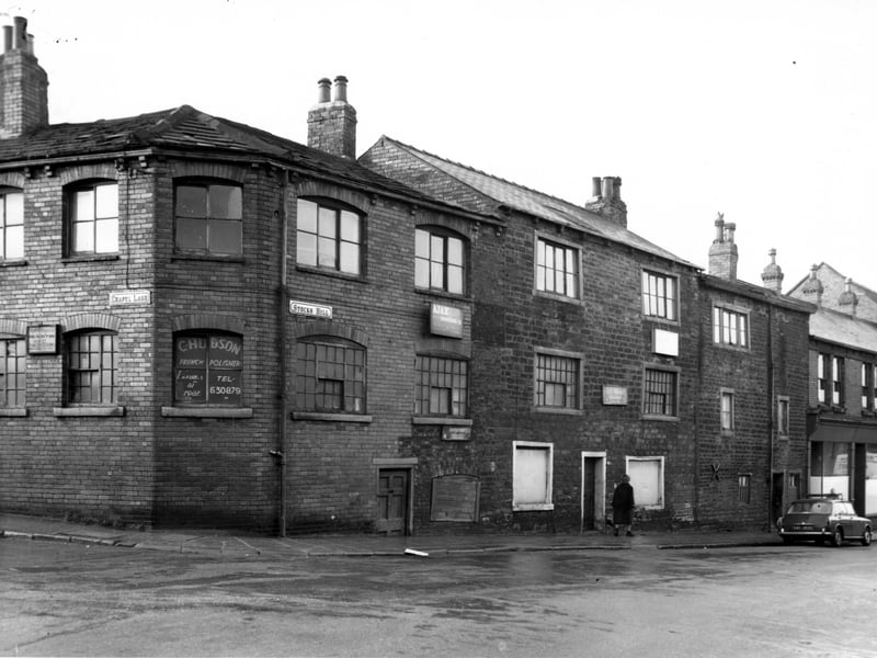 Stocks Hill in December 1967.  To the left of this view is the premises of C Hudson, french polishers. The entrance is at the rear of this building with the address listed as 2a Morris Fold.