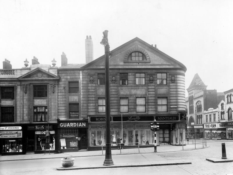 The south side of The Headrow, just east of its junction with Briggate. Premises shown are, number 43, 'Lucette (Leeds) Ltd, Gowns', number 41, 'Leeds Guardian (West Leeds News Ltd), publishers, number 39, 'H. Krebs, furrier', number 37, 'Kays Hosiery'. Pictured in December 1949.