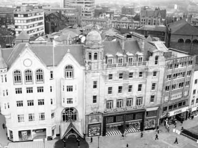 Orchard Square shopping centre, Sheffield, in 1988, with Leopold Street (left) and Fargate (foreground), showing Dixons electronics store, Ravel shoe shop,  and Dolcis shoe shop