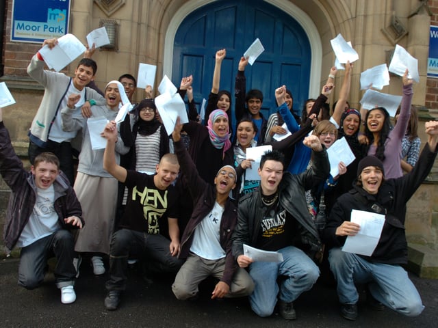 Pupils celebrating their GCSE results at Moor Park High School in 2009.