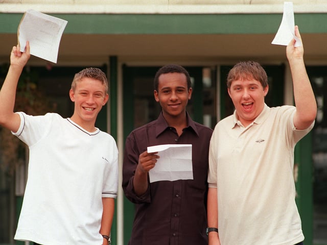 Andrew Cushing, Mohammed Basama and Gareth Holden, all 16, from Fulwood High school in Preston celebrate after receiving their GCSE results in 1999.