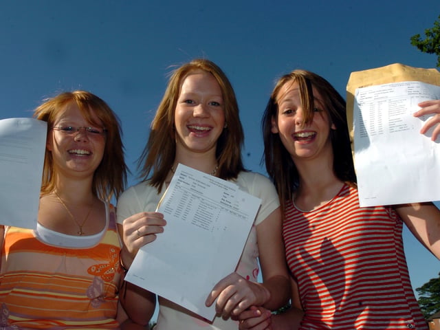 From left, Louise Clarkson, Kate Simmonds and Louise Miller celebrate their GCSE success at Holy Cross High School, Chorley in 2006.