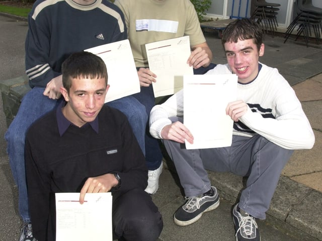 Students, from left, Ben Greenhalgh, John Battey, Steven Farrimond and Philip Ashton with their GCSE results at St Michael's School in Chorley in 2001.