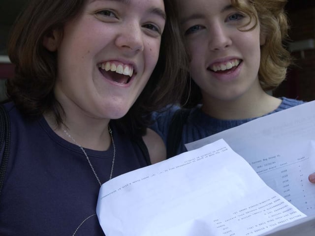 Katy Wilding, left, and Katy Clarke from St Michaels School, Chorley, celebrate their GCSE results in 2000.