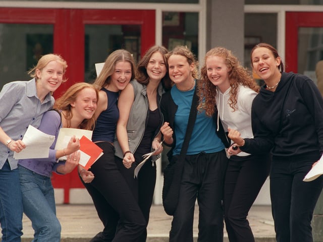 St Michael's CE School pupils in Chorley (from left) Sarah Print, Ruth Taylor, Emma Farrell, Helen Rigby, Emma Whyte, Andrea Lindley and Natalie Eaves celebrate their excellent GCSE results in 1999.