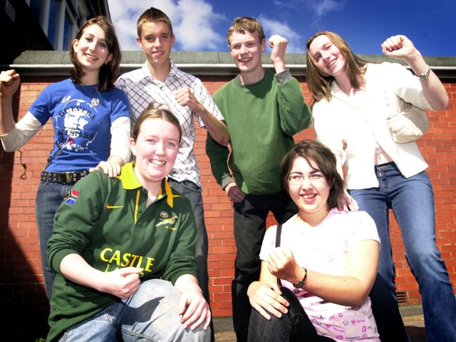 Garstang High school pupils Elizabeth Sayle, Carys Hexter, Andrew Thistlethwaite, Tommy Challioner, Laura Cooney, and Edwina Challioner, celebrate their impressive GCSE results in 2004.