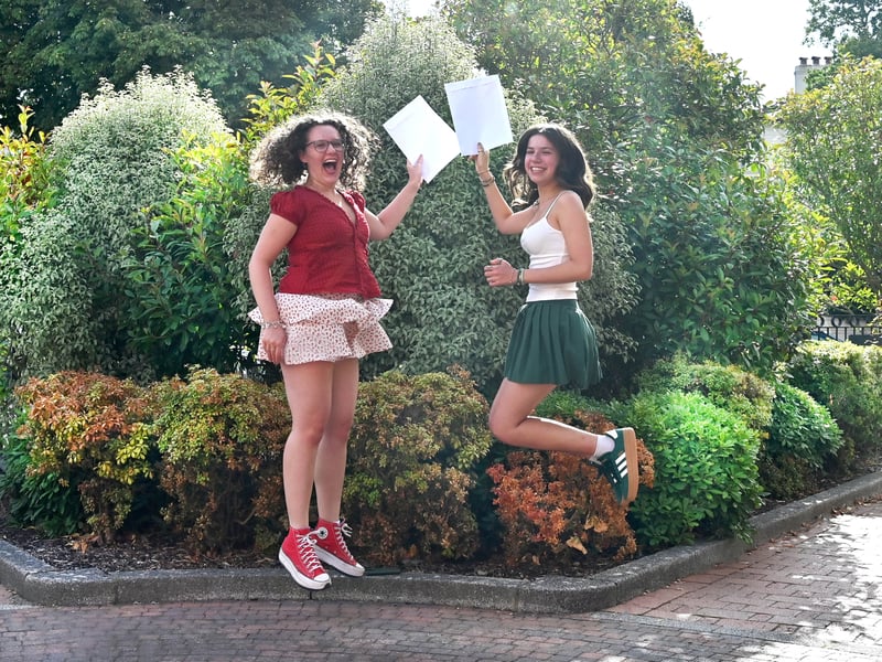 Students at Portsmouth High School are jumping for joy with almost half of all grades being an A*/9 and 94 per cent of grades A*-B equivalent.
Pictured: Students celebrating