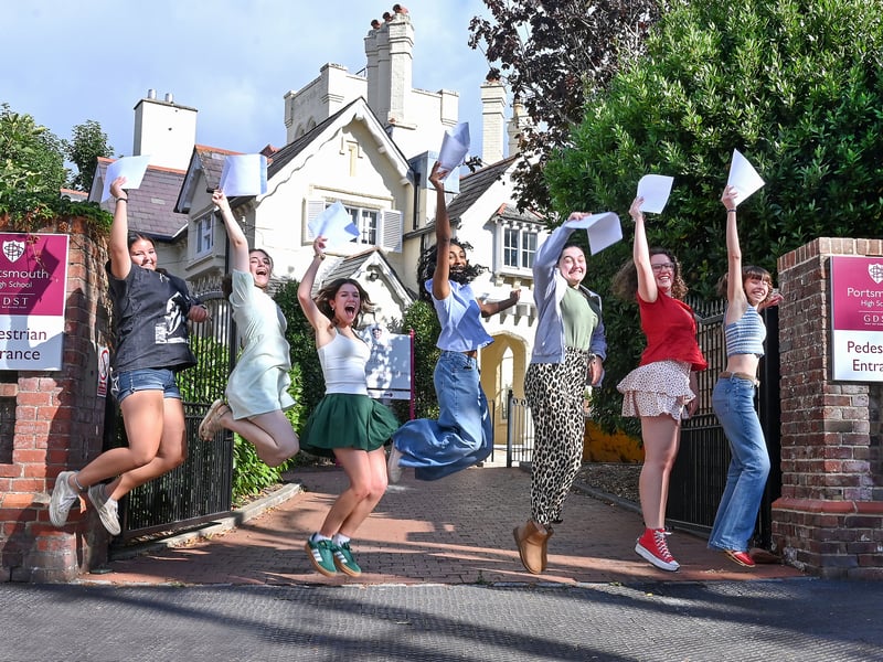 Students at Portsmouth High School are jumping for joy with almost half of all grades being an A*/9 and 94 per cent of grades A*-B equivalent.
Pictured: Students celebrating