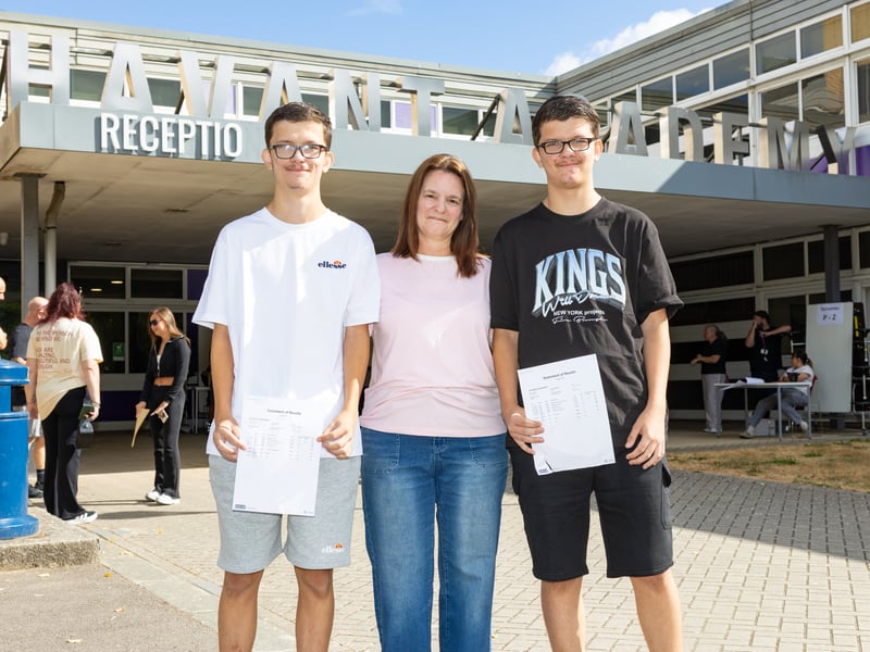 GCSE results day at Havant Academy. 

Pictured: Twins Olly and Kai Slape with proud mum Mandy Wilkinson.


Picture:Marcin Jedrysiak