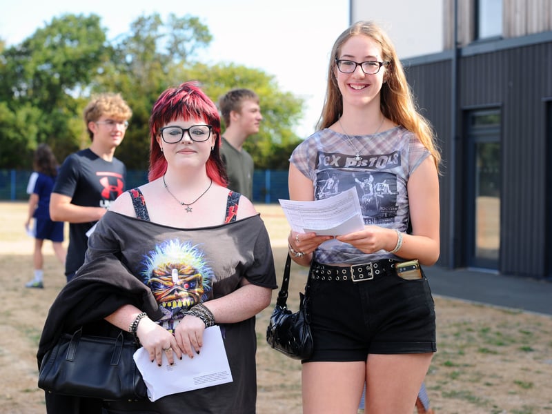 Students picked up their GCSE results at King's Academy Brune Park in Military Road, Gosport.

Pictured: (l-r) Ivy Bloomfield (16) who achieved two 8's in drama and history, one 7 in English language, four 6's in classical civilisation, chemistry, physics and biology and two 5's in English literature and maths, with Isabella Hunt (16) who achieved three 9's in history, English literature and English language, two 8's in classical civilisation and biology, one 7 in maths and three 6's in Chinese, physics and chemistry.

Picture: Sarah Standing (200826-8002)
