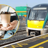 Irish Rail train and inset photo showing coffee