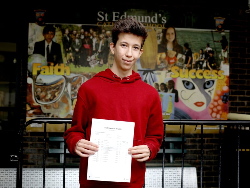 Students at St Edmund's Catholic School, Southsea, have collected their GCSE results.
Pictured: Benjamin Morrison got 9s in every subject.
Picture: Habibur Rahman