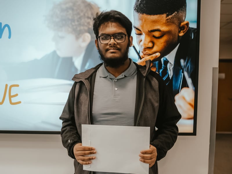Students at Castle View Academy have received their GCSE results. 

Pictured: Shabab got  9s in maths and art, a 9 and an 8 in science and 8's in Spanish, design and technology.