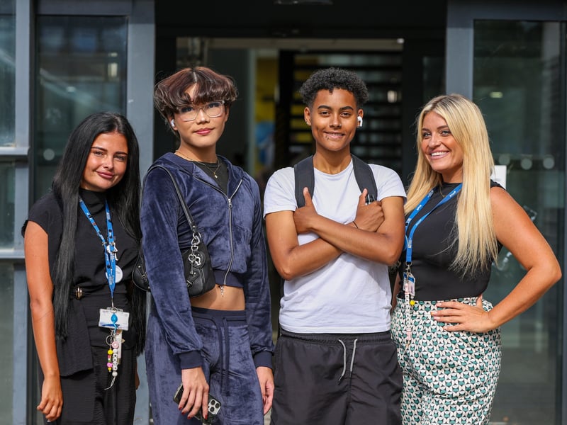 Students have collected their GCSE results at the City of Portsmouth College Highbury Campus.  

Pictured: Pathways teacher Macy Harris, Kayler Kramer, Andante Shone-Mota and curriculum manager Carrianne Bungay. 

Picture: Chris Moorhouse (200826-04)