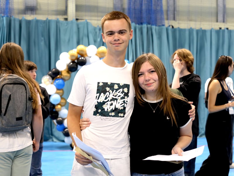 Students at Priory School, Southsea, have collected their GCSE results.
Pictured: Nathaniel Leader who got all 5s and Brooke Welch who got 5,6, and one 7
Picture: Habibur Rahman