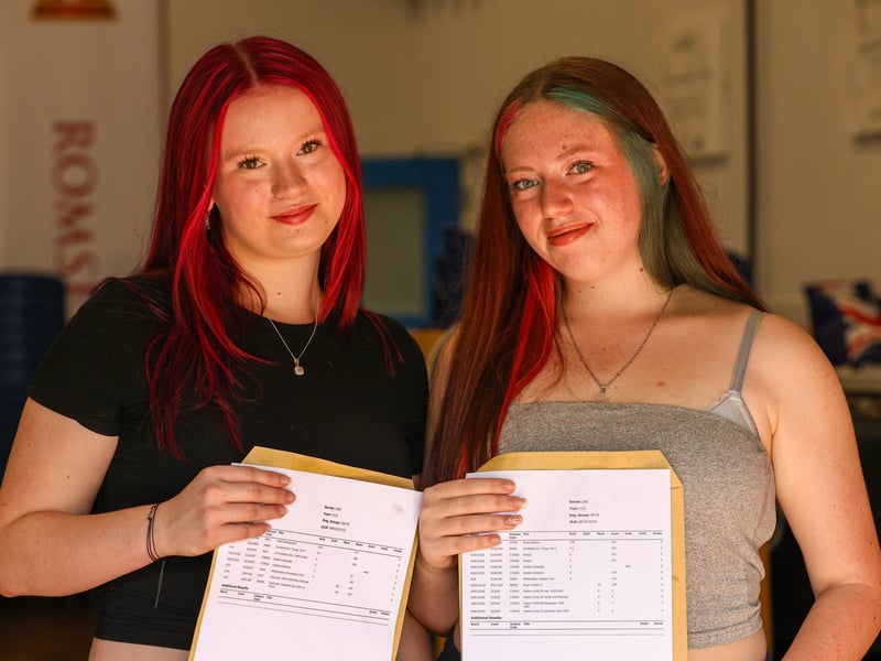 Crookhorn College students have collected their GCSE results.
Pictured: Caitlin Watts, left, has 6 passes and will study hairdressing at South Downs, and Brooke Havey also has 6 passes and will study musical theatre at South Downs.
Picture: Chris Moorhouse (200826-20)
