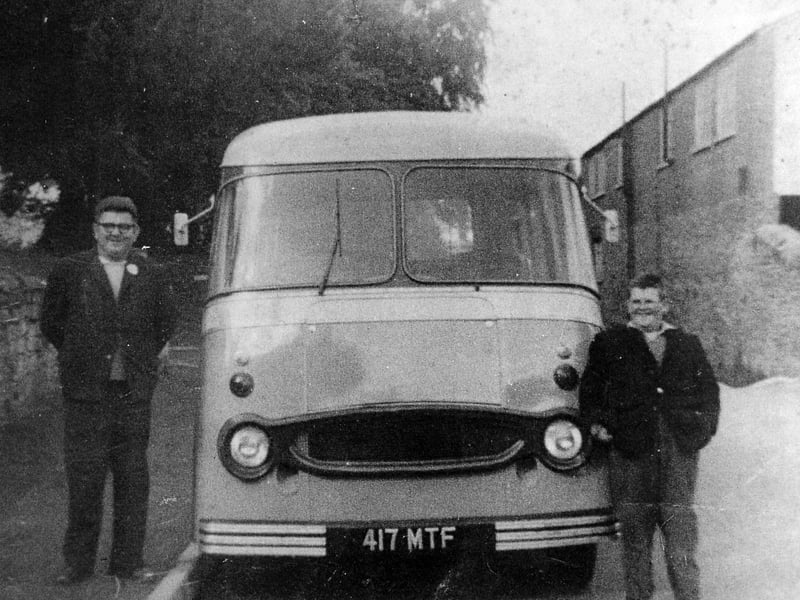 "Jim Robinson (left) and William Robinson, outside the Six Bells, Bishop's Castle." That much we know. Your mission, if you choose to accept it, is to identify the bus. One theory is that it was one of only five built specially for airport use. The picture came from the late Mrs Joan Robinson.