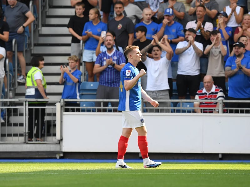 Terry Devlin Midfielder of Portsmouth FC celebrates scoring the opening goal to make it 1-0 during the EFL Sky Bet Championship match between Portsmouth and Queens Park Rangers at Fratton Park, Portsmouth, UK on 15 August 2026.