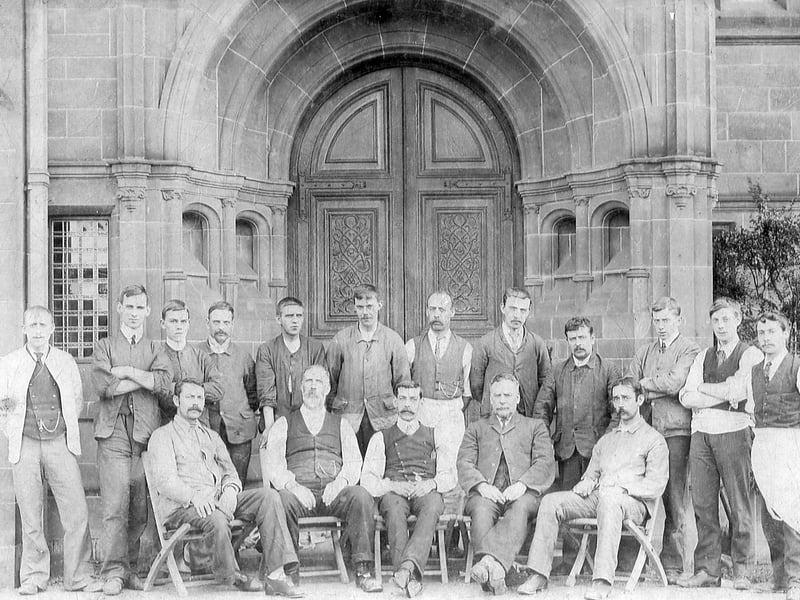 Bert Rhodes sent us this picture with this message: "Please find attached photo of John Robert Jones. He is the one with apron and moustache. He was born in 1876 and died in 1958. He was married to Elizabeth in 1889. My mother told me he had been a steeplejack and had worked on St Mary's steeple. We all just assumed the picture was of St Mary's in Shrewsbury, but the picture is not of St Mary's Church. He was born in Droylsden just outside Manchester so it could be from anywhere. Of course it could be possible he met my grandmother when he worked on St Mary's. I believe the steeple was repaired around 1884. I hope your readers are able to shed some light on this matter."