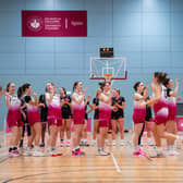 University of Galway Mystics celebrate their win over Moy Tolka Rovers back on February 28 in the Kingfisher Arena.