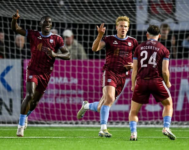 Kris Twardek celebrates after scoring his side's second goal in the 2-1 win over Dundalk in Oriel Park on Friday night.