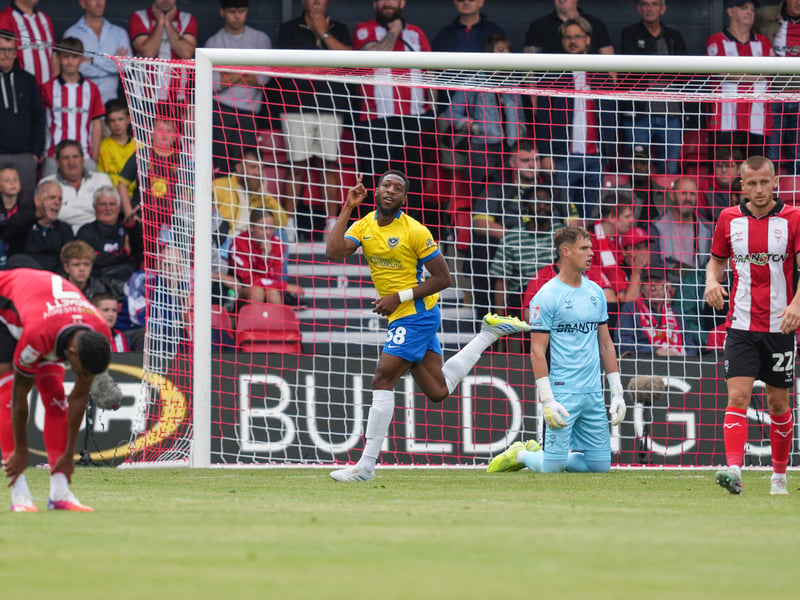 Ebou Adams celebrates his stunning strike which clinched a 3-1 victory for Pompey. Picture: Jason Brown