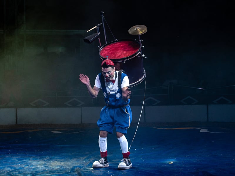 Kikin the Clown demonstrates his musical talents - as a one man band. Circus Mondao is in Thornton Cleveleys at the Norcross Car Boot Site until Sept 6th 2026. Photo: Lucinda Herbert