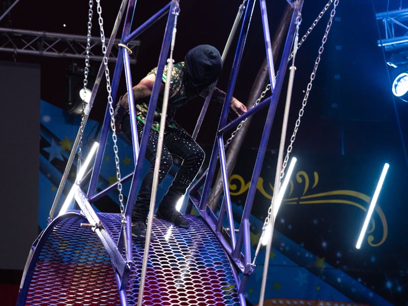 Brothers Santino and Ismail on the Wheel Of Death. Circus Mondao is in Thornton Cleveleys at the Norcross Car Boot Site until Sept 6th 2026. Photo: Lucinda Herbert