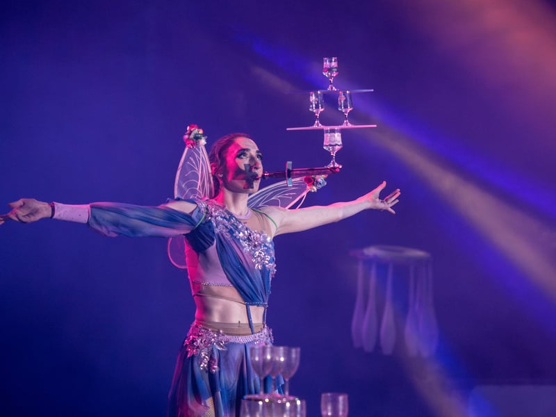 Miss Talula aka Toni Snee from Fleetwood performs a captivating glass balancing act. Circus Mondao is in Thornton Cleveleys at the Norcross Car Boot Site until Sept 6th 2026. Photo: Lucinda Herbert