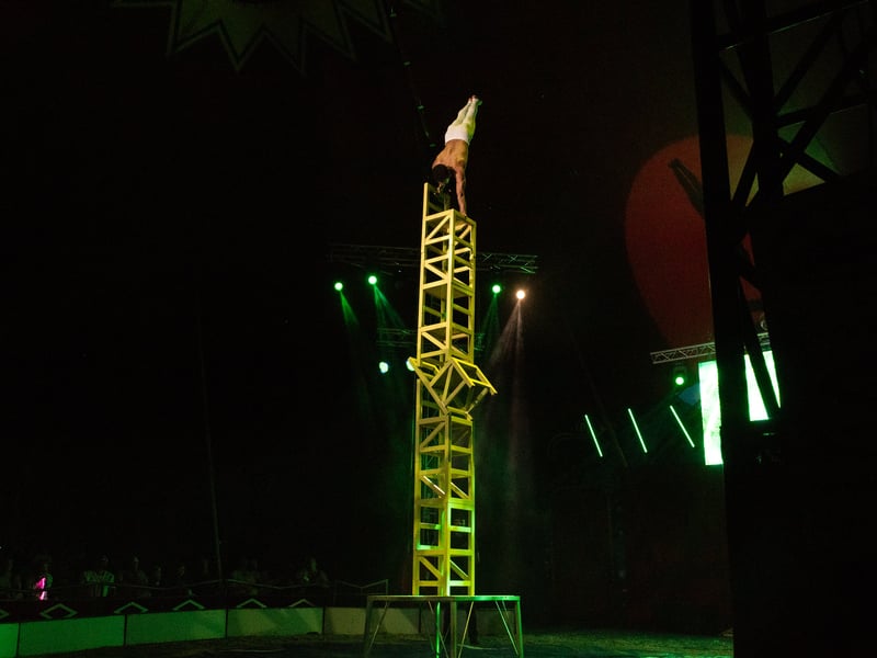 An impressive handstand act with a head for heights. Circus Mondao is in Thornton Cleveleys at the Norcross Car Boot Site until Sept 6th 2026. Photo: Lucinda Herbert