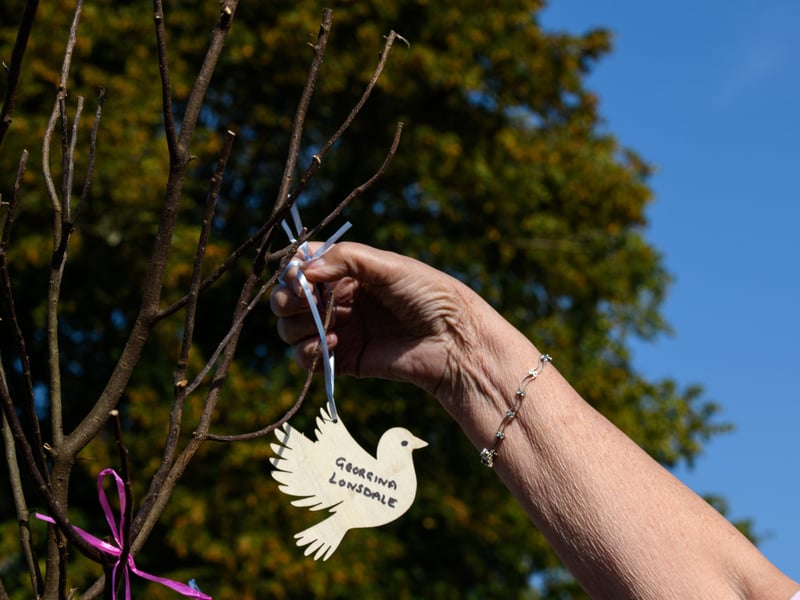 Doves bearing the name of those who died at the Freckleton Air Disaster are placed on a tree at Holy Trinity Church in remembrance. Photo: Kelvin Lister-Stuttard