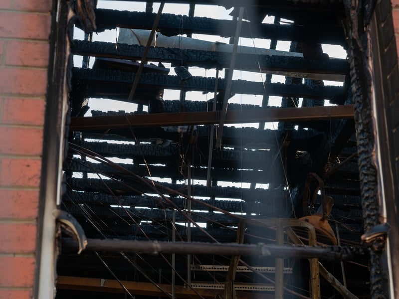 Part of the building, a single storey section, was wrecked with the roof destroyed.
