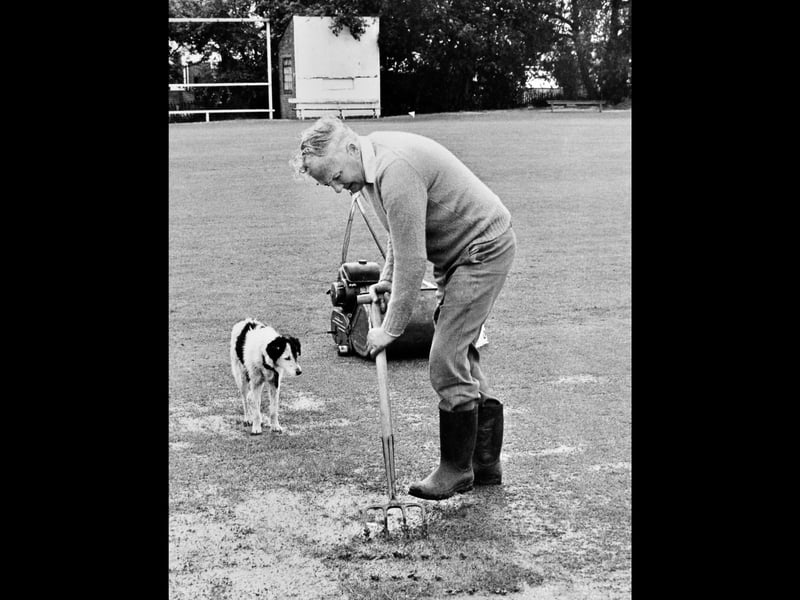 Newport groundsman Jack Oliver gets to work clearing water from the cricket ground in June 1985, with an interested four-legged spectator keeping a close eye on proceedings. It is a charming glimpse of the work that goes on behind the scenes to get the pitch ready for play. Do you remember Jack Oliver, or watching cricket at Newport Cricket Club?
