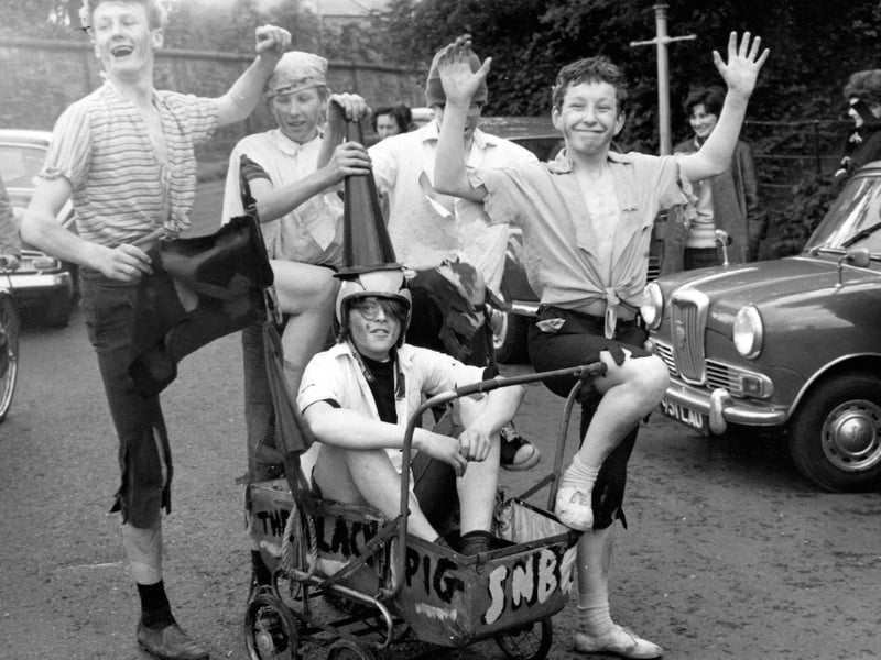 These lads take part in the Harper Adams pram race in 1965, a local event which traditionally started from the station. The photograph was shared with Newport History Society by Alan and Heather Cooke, but sadly the names of the competitors are not known. Can you recognise any of them, or remember the pram race and its colourful history?