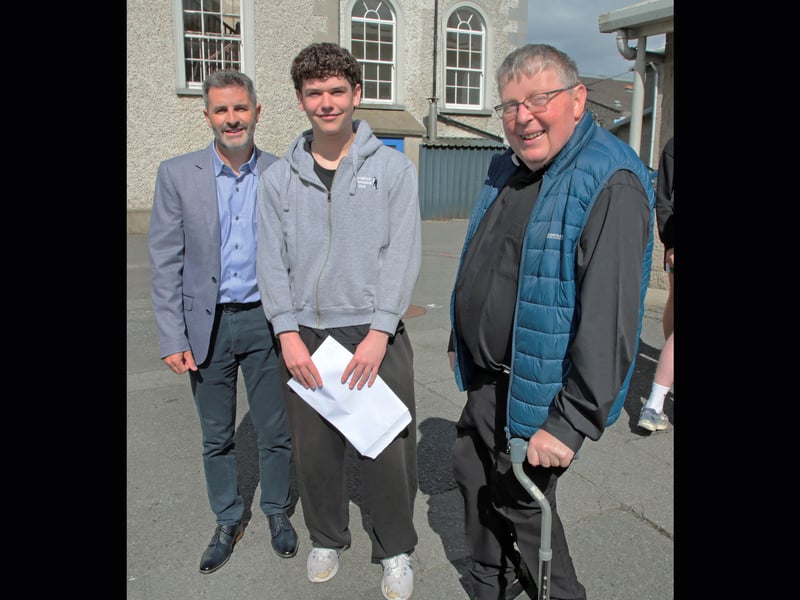 Principal Malachy Flanagan and Fr Tony with student Senan McWeeney