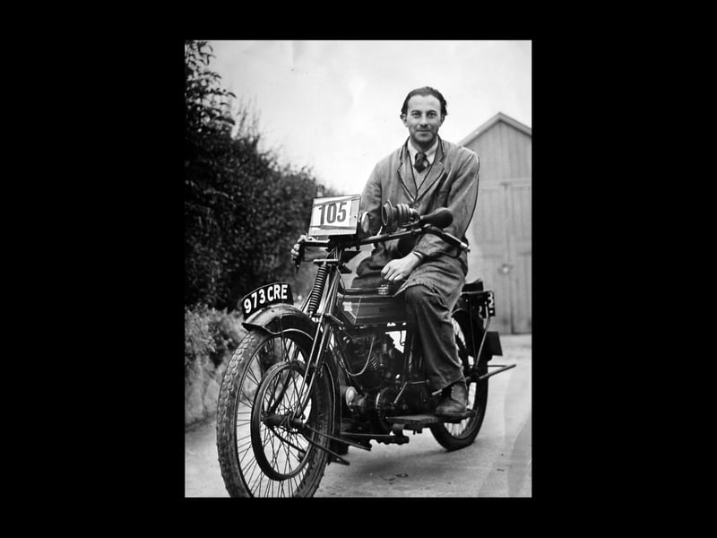 Despite the evidence of the registration letters, this 3hp Royal Enfield dated from 1916. Mr J G Boulton, of Wombourne, was about to ride it in the sixth annual Oxford to Banbury run organised by the Vintage Motor Cycle Club in June 1954.