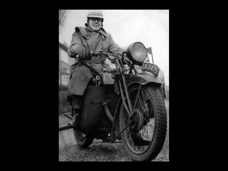 Walter Edge astride his 1928 long-stroke Sunbeam outside his home in Lanesfield in January 1967. He travelled to and fro to work on this machine every day, and it always started first kick. He was the toolroom superintendent at motor pressings, John Thompson's, Ettingshall. Walter was a member of the Vintage Motor Cycle Club and his Sunbeam was still capable of drumming up to 70mph and would cheerfully roll on for 70 miles on just one gallon of petrol.