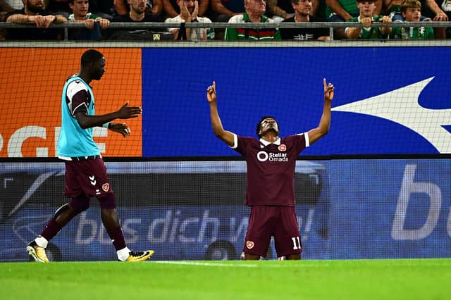 Pierre Landry Kabore of Heart of Midlothian celebrates scoring his team's first goal during the UEFA Conference League 2026/27 Play Off Round Second Leg match between SK Rapid and Heart of Midlothian