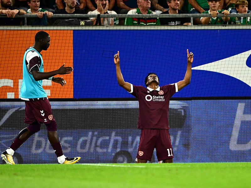 Pierre Landry Kabore of Heart of Midlothian celebrates scoring his team's first goal during the UEFA Conference League 2026/27 Play Off Round Second Leg match between SK Rapid and Heart of Midlothian