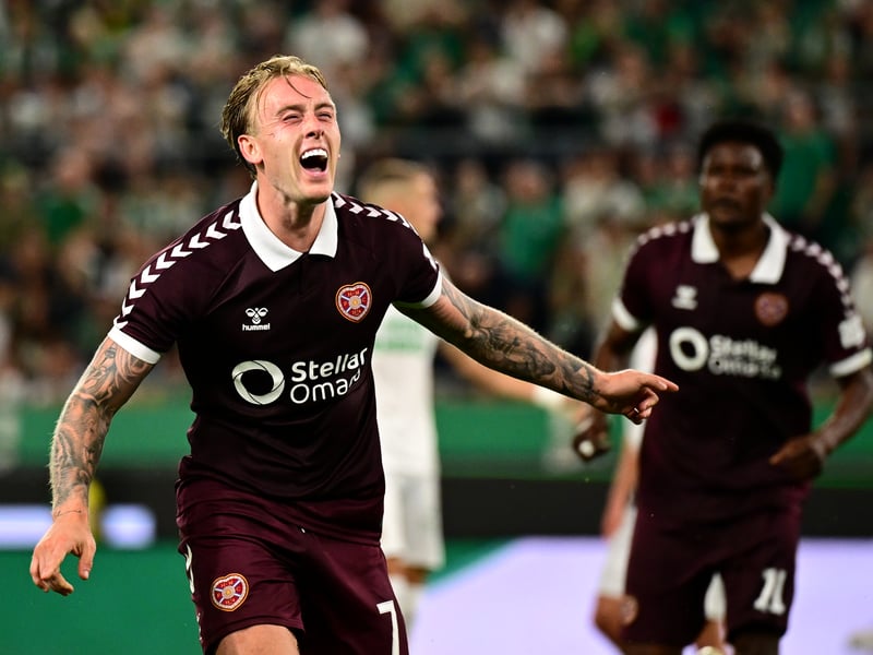 Calvin Miller celebrates after volleying Hearts in front during extra-time in the Conference League play-off second leg against Rapid Vienna. (Photo by Christian Bruna/Getty Images)
