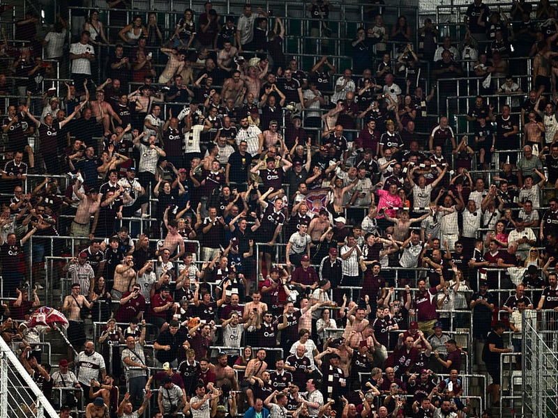 Heart of Midlothian fans celebrate after the UEFA Conference League 2026/27 Play Off Round Second Leg match between SK Rapid and Heart of Midlothian